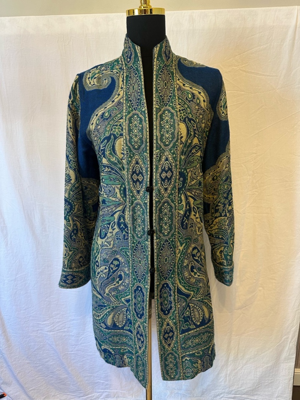 Travelsmith Tapestry Jacket Paisley Long Blazer Blue Green Boho Open Front Med
